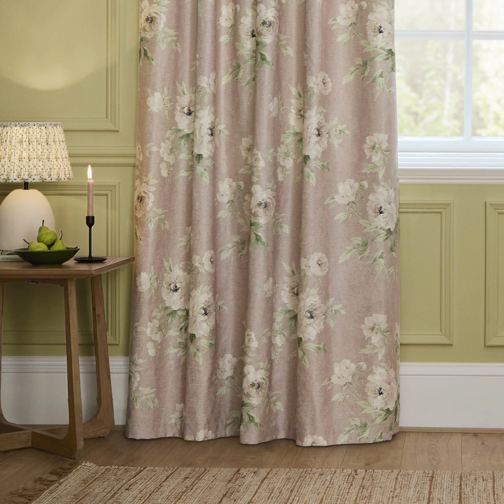 Adele Floral Chenille Pencil Pleat Curtains Rose