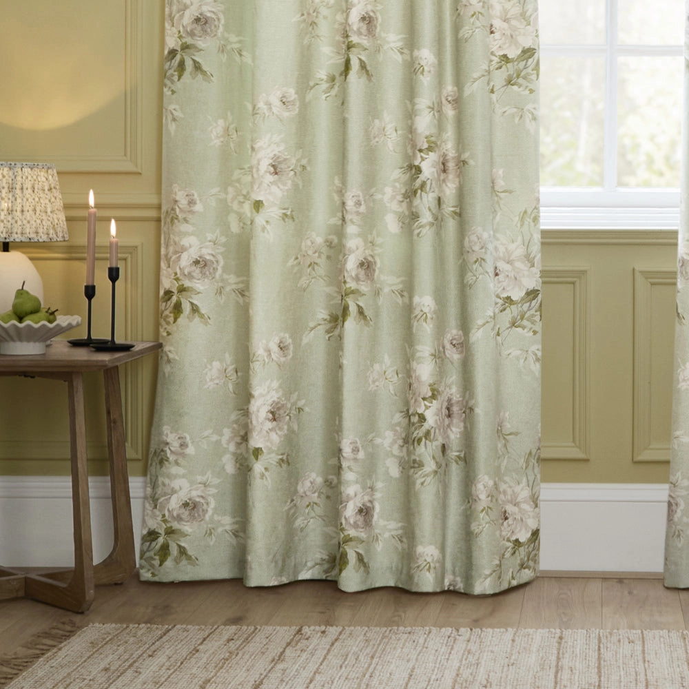 Adele Floral Chenille Pencil Pleat Curtains Sage