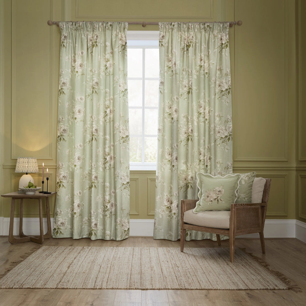 Adele Floral Chenille Pencil Pleat Curtains Sage