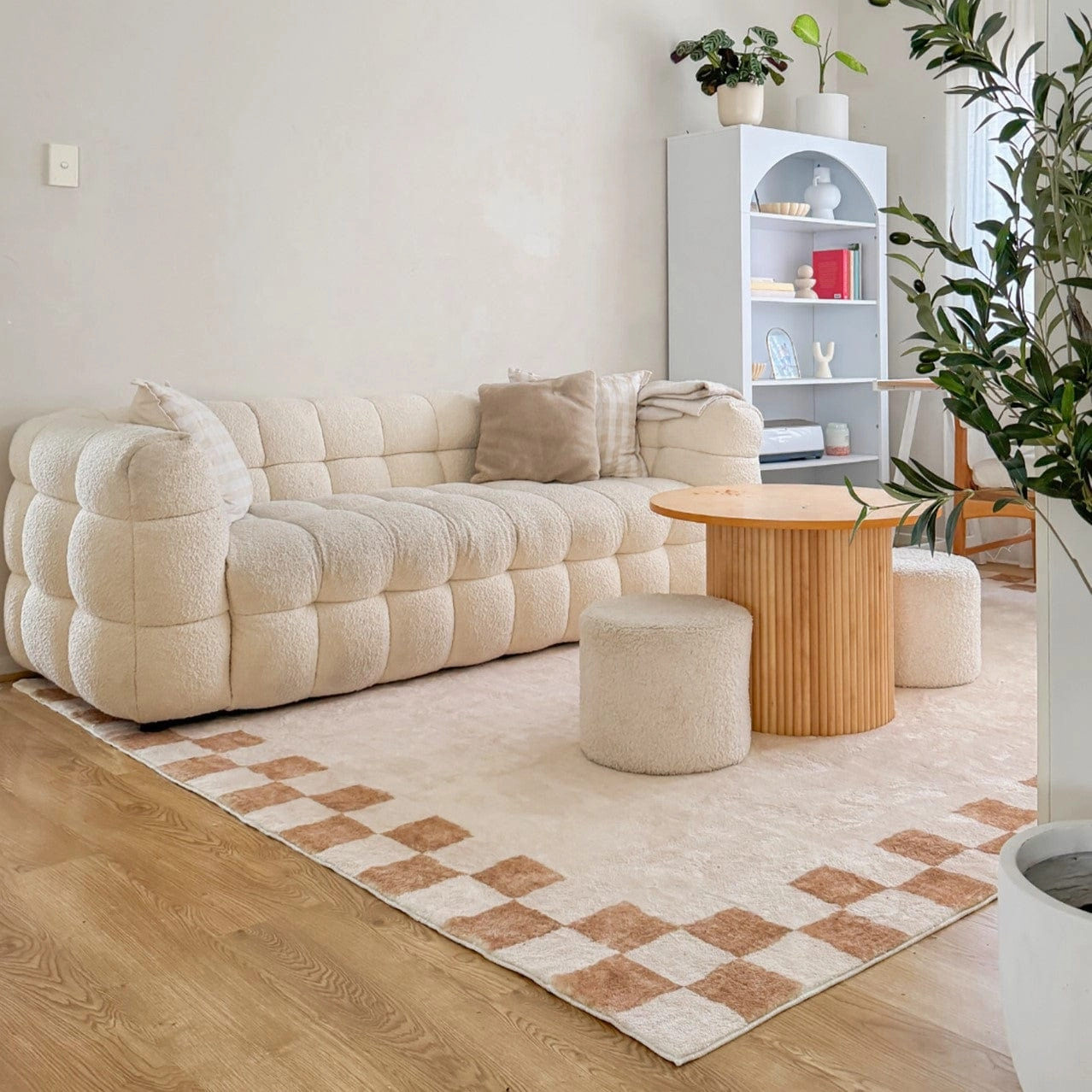 Aiday Beige Checkered Border Washable Rug