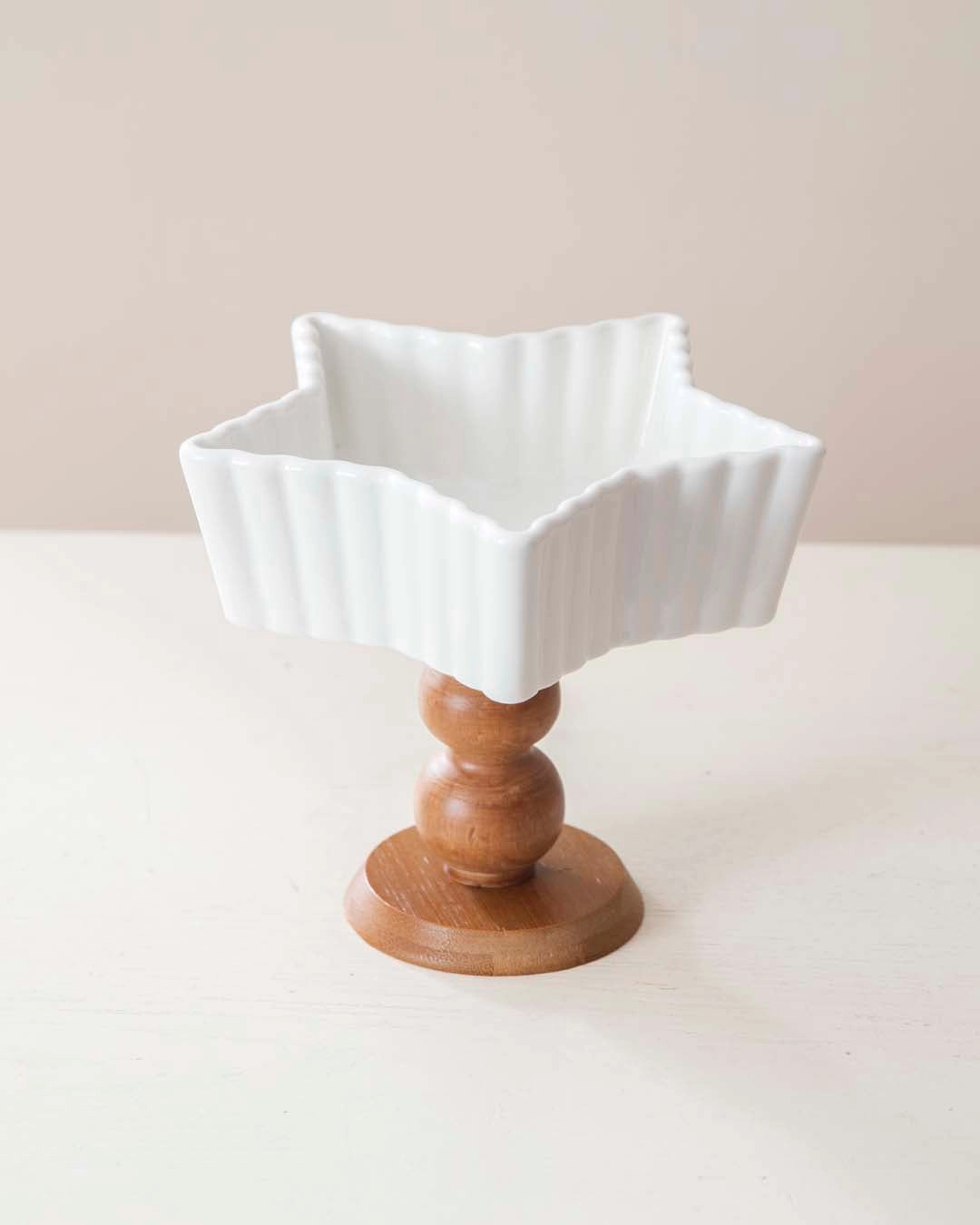 All White Star Ice Cream Bowl with Wooden Base - Small