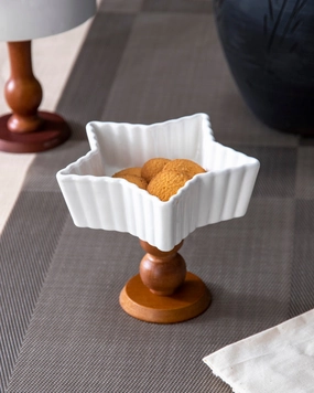 All White Star Ice Cream Bowl with Wooden Base - Smallmodern kitchen decor ,kitchen dinner set ,dinnerware 