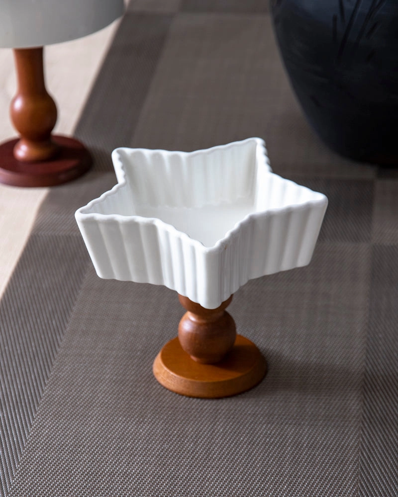 All White Star Ice Cream Bowl with Wooden Base - Small