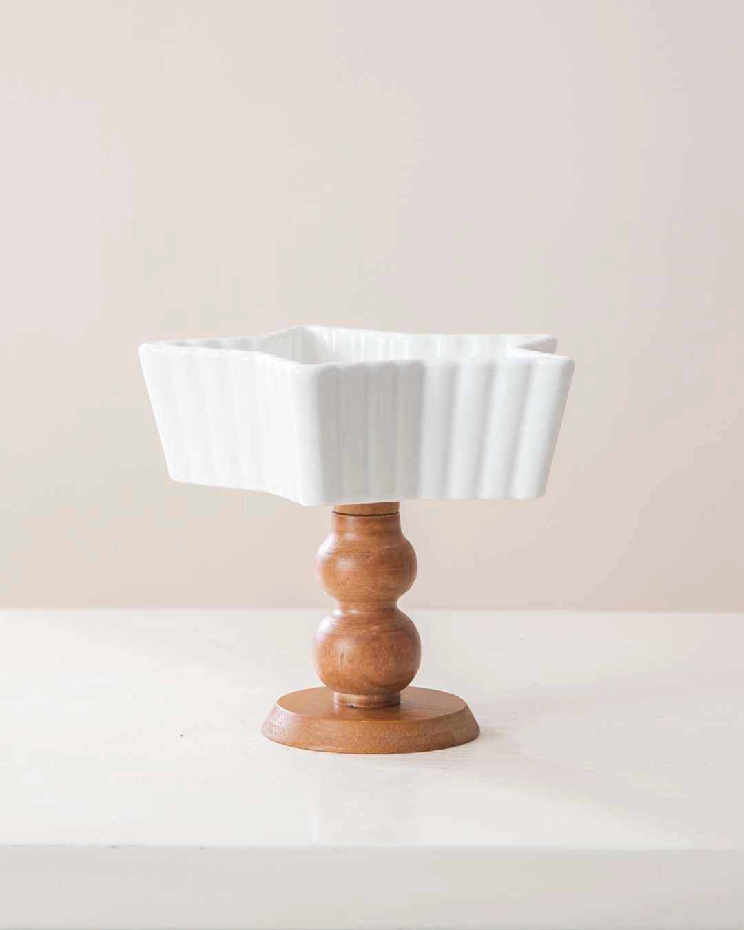 All White Star Ice Cream Bowl with Wooden Base - Small
