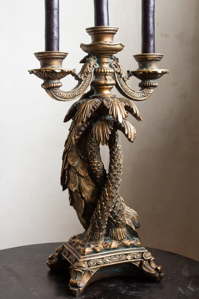 Antique Gold Peacock Trio Candlestick Holder