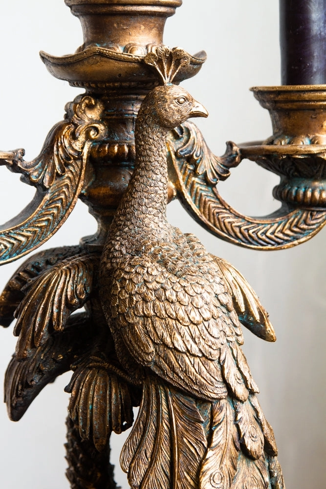 Antique Gold Peacock Trio Candlestick Holder