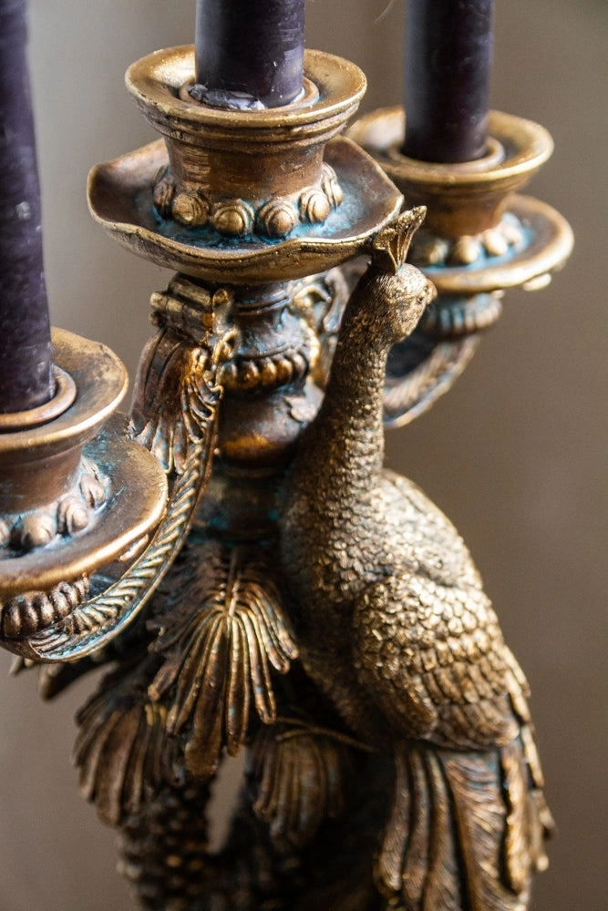 Antique Gold Peacock Trio Candlestick Holder