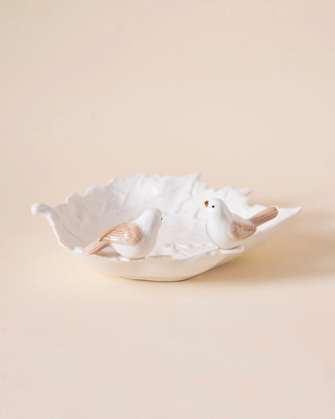 Bird on Maple Leaf Ring Dish - White