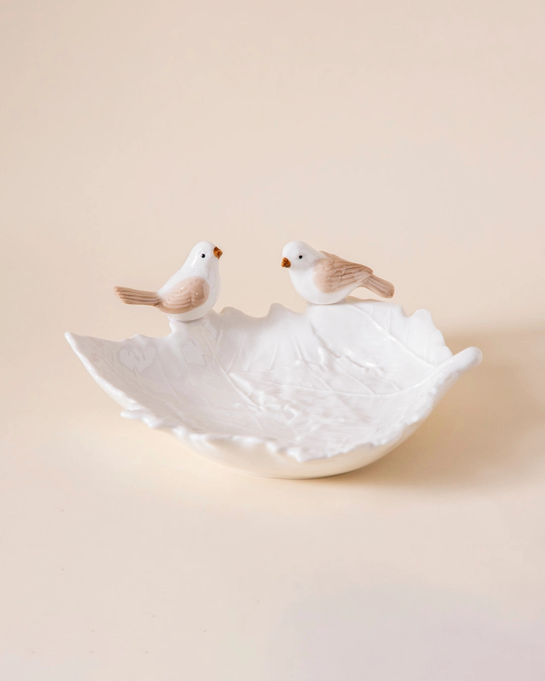 Bird on Maple Leaf Ring Dish - White
