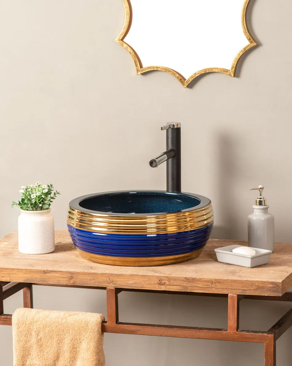 Blue & Gold Porcelain Countertop Wash Basinbathroom decor,boho bathroom decor,minimalist bathroom decor