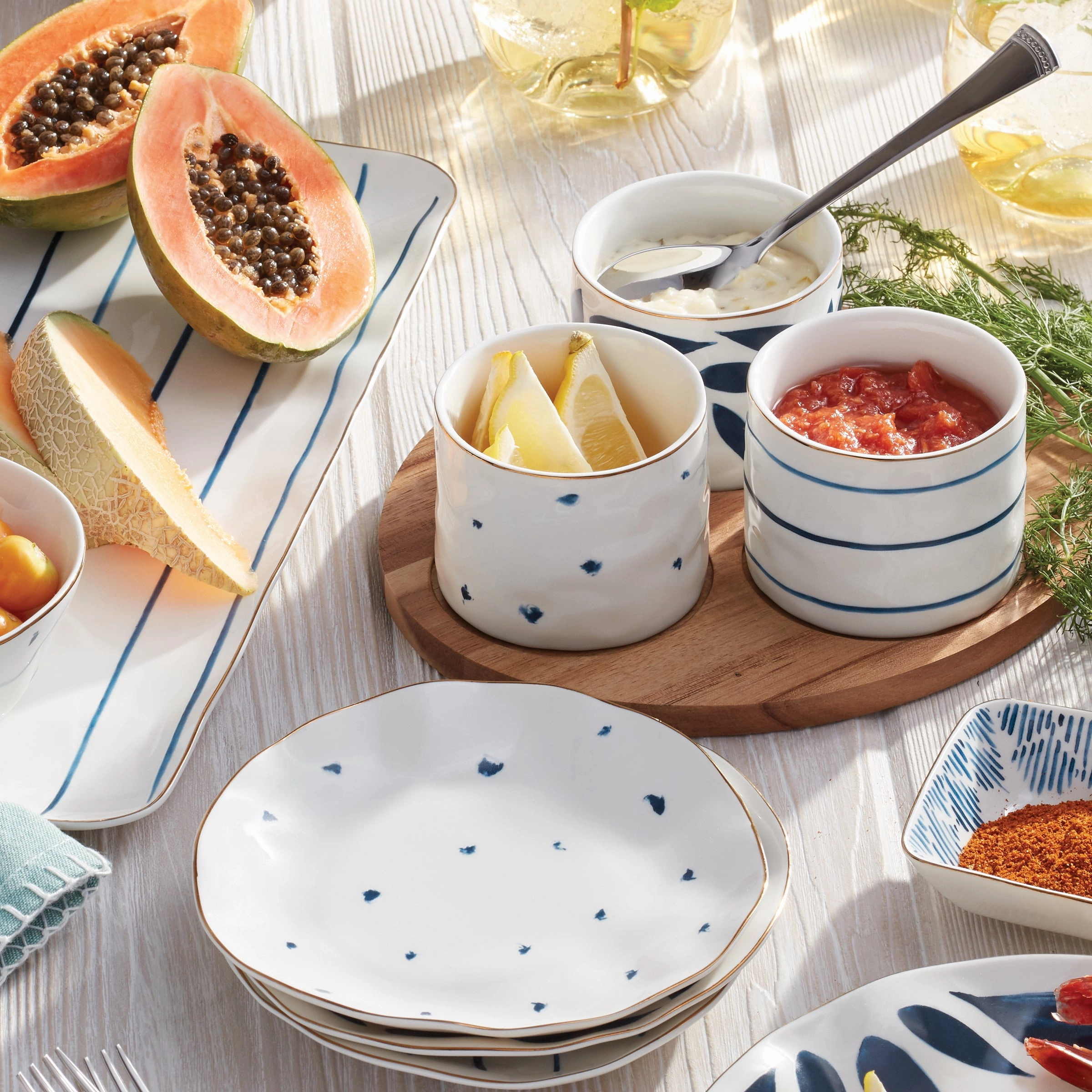 Blue Bay Snack Bowls - Set of 3 - With Wood Tray