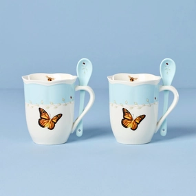 Butterfly Meadow Blue Mugs With Spoons - Set of 2glass cups ,personalized mugs 