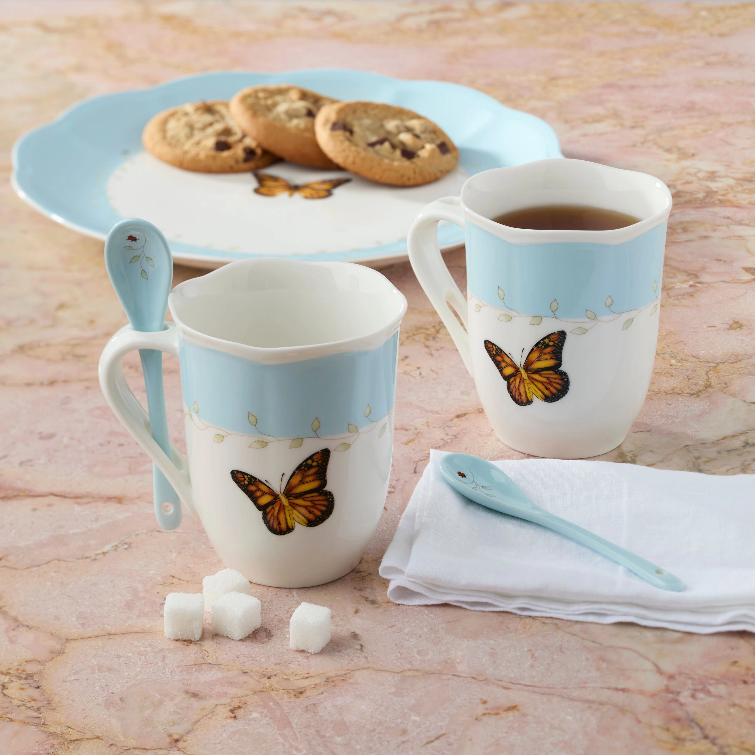 Butterfly Meadow Blue Mugs With Spoons - Set of 2