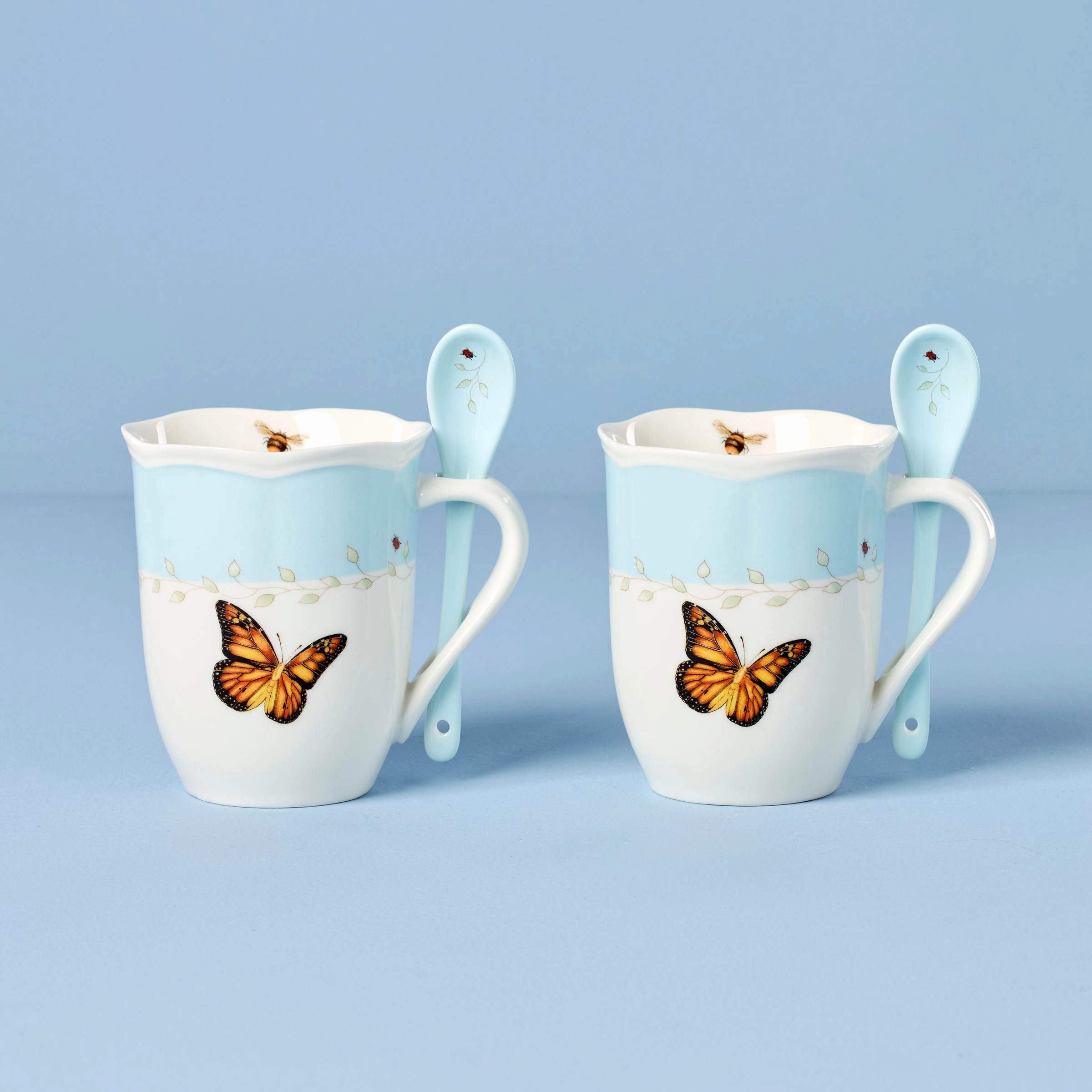 Butterfly Meadow Blue Mugs With Spoons - Set of 2glass cups ,personalized mugs 
