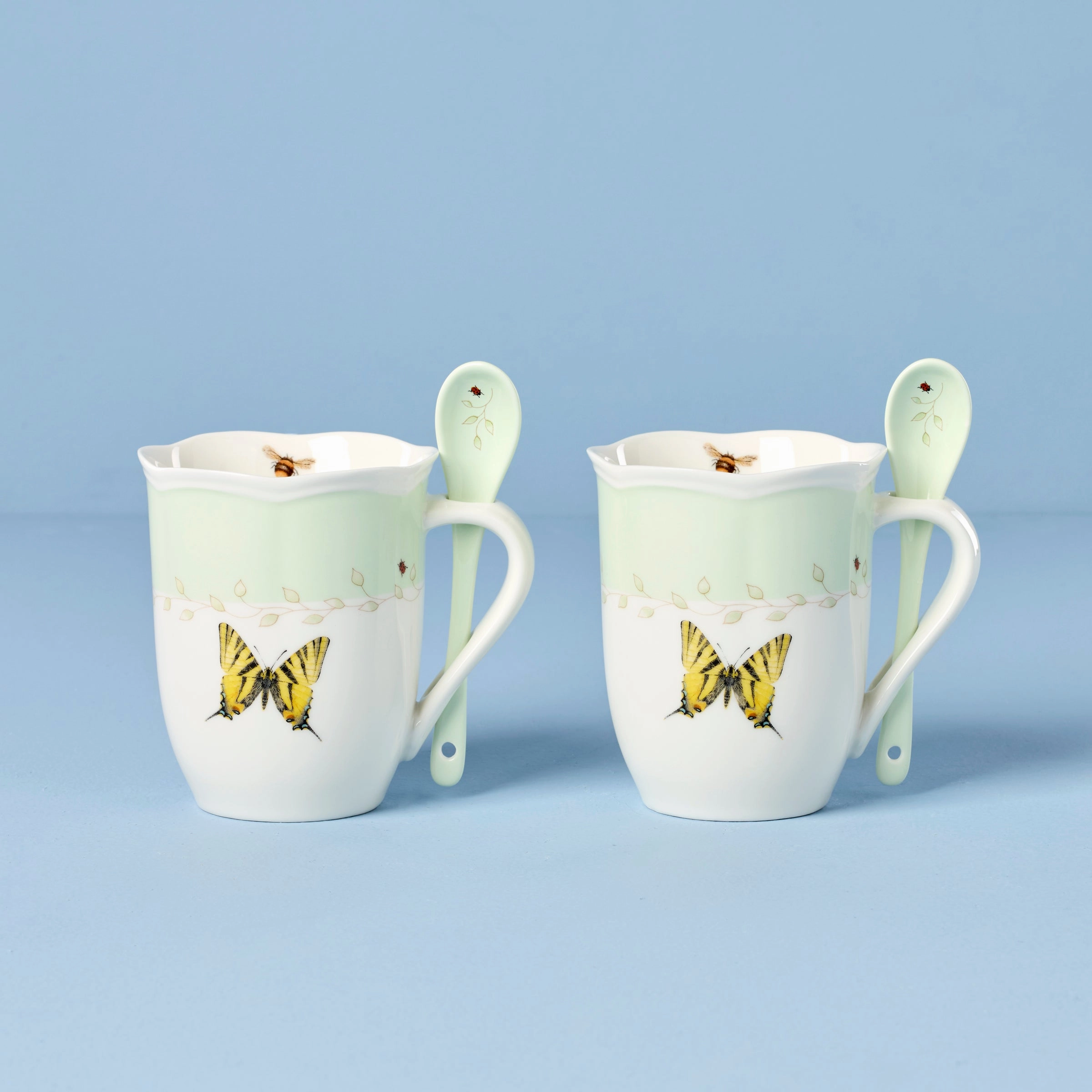 Butterfly Meadow Green Mugs With Spoons - Set of 2modern kitchen decor ,kitchen dinner set ,dinnerware 