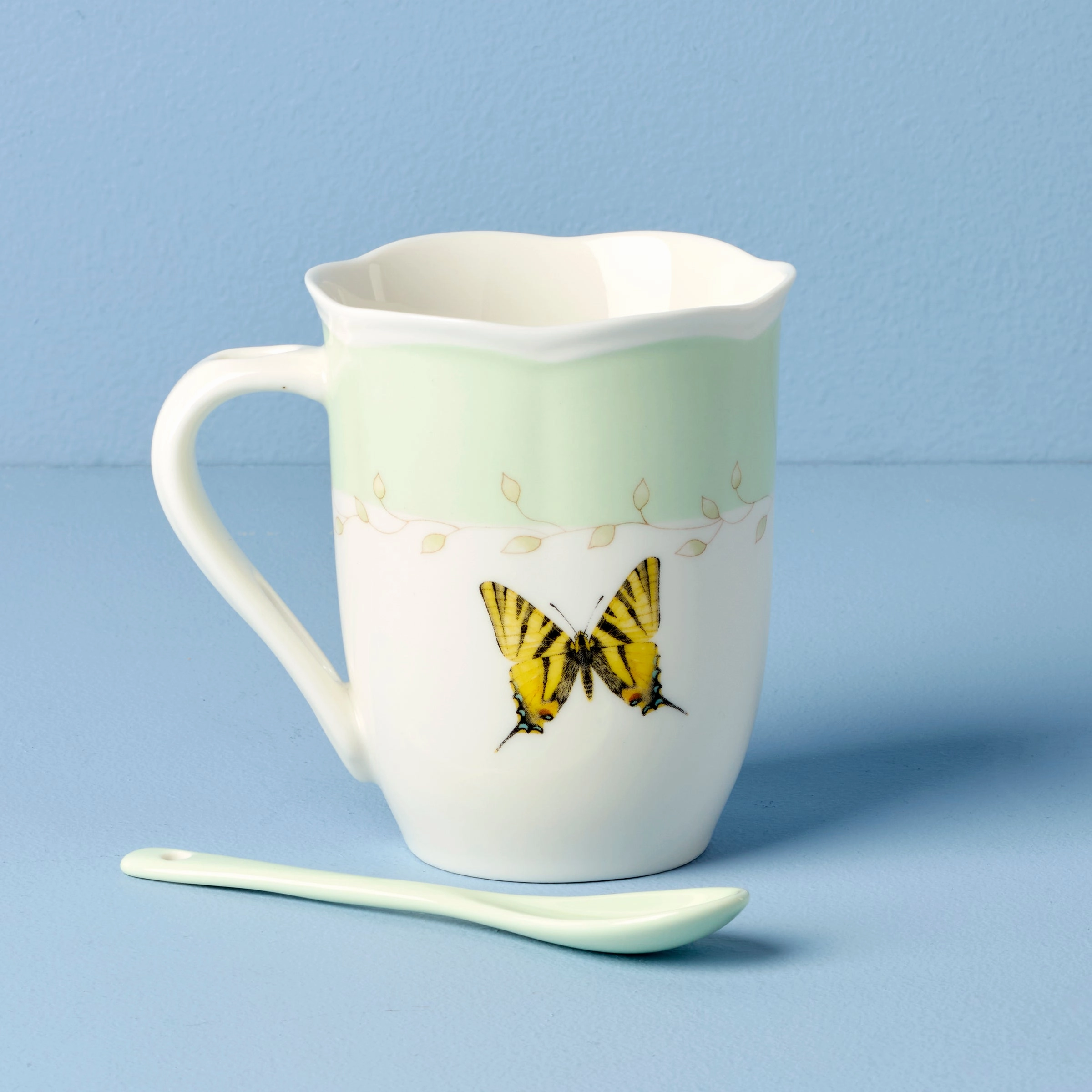 Butterfly Meadow Green Mugs With Spoons - Set of 2
