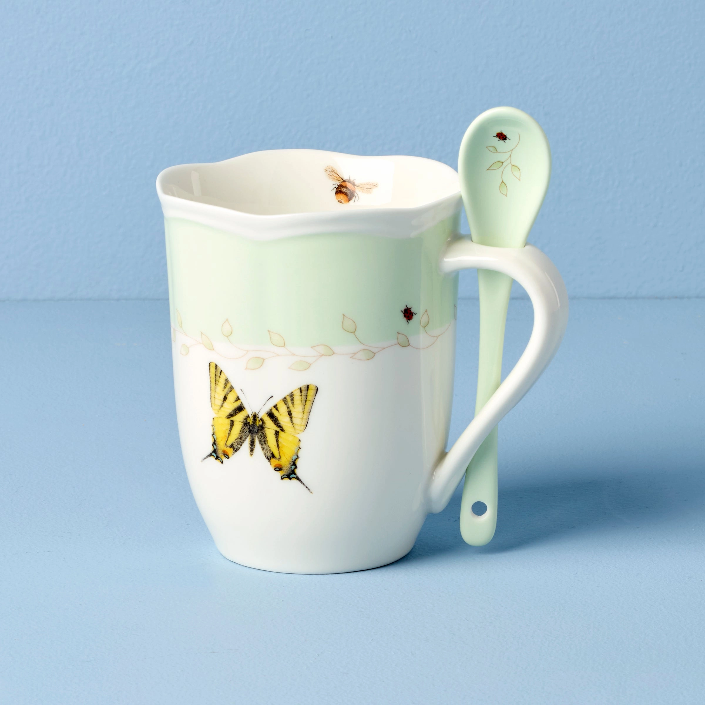 Butterfly Meadow Green Mugs With Spoons - Set of 2