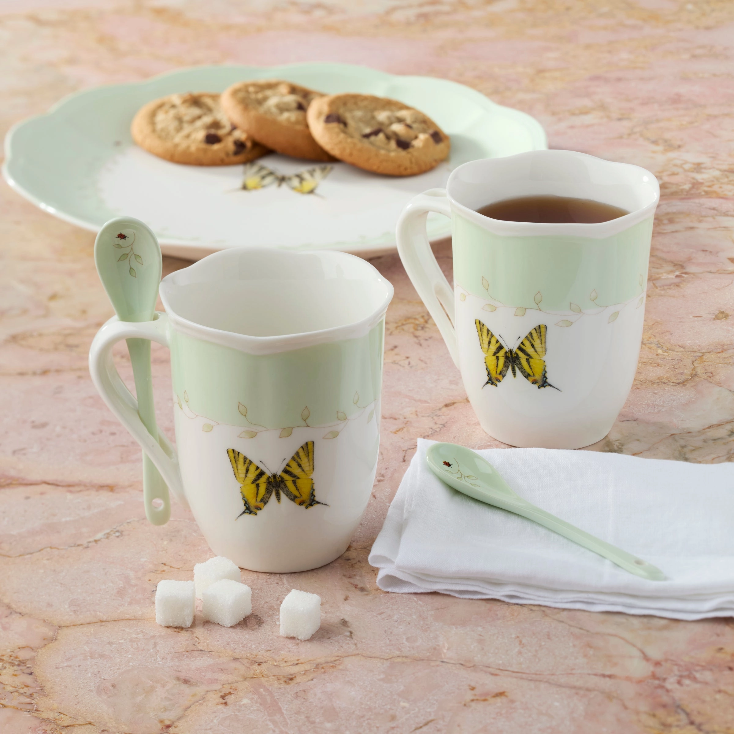 Butterfly Meadow Green Mugs With Spoons - Set of 2