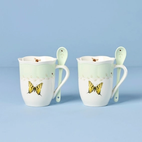Butterfly Meadow Green Mugs With Spoons - Set of 2modern kitchen decor ,kitchen dinner set ,dinnerware 