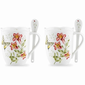 Butterfly Meadow Mugs with Spoons - Set of 2glass cups ,personalized mugs 