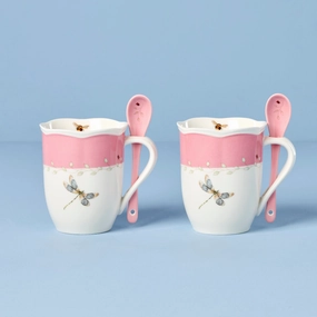 Butterfly Meadow Pink Mugs With Spoons - Set of 2modern kitchen decor ,kitchen dinner set ,dinnerware 