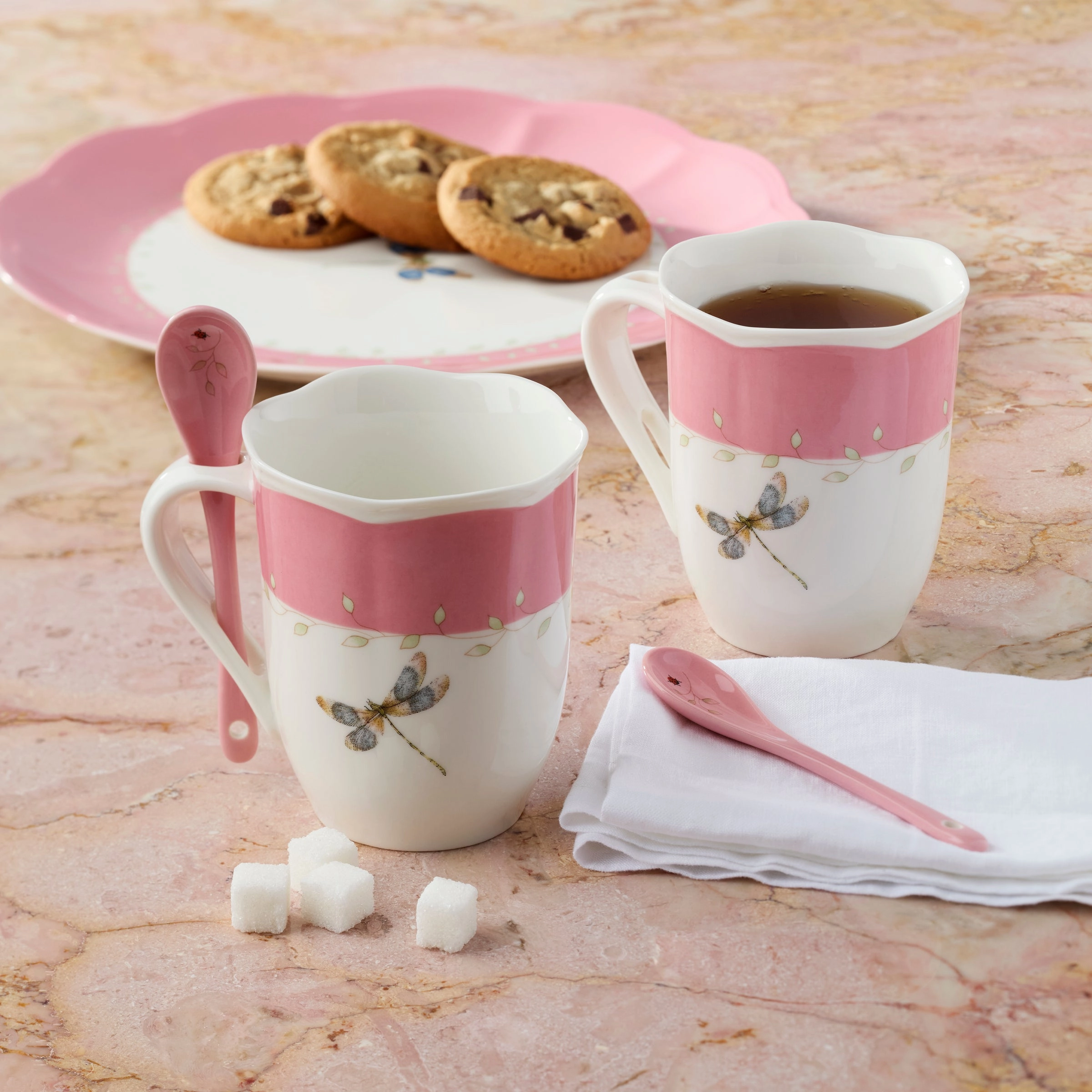 Butterfly Meadow Pink Mugs With Spoons - Set of 2