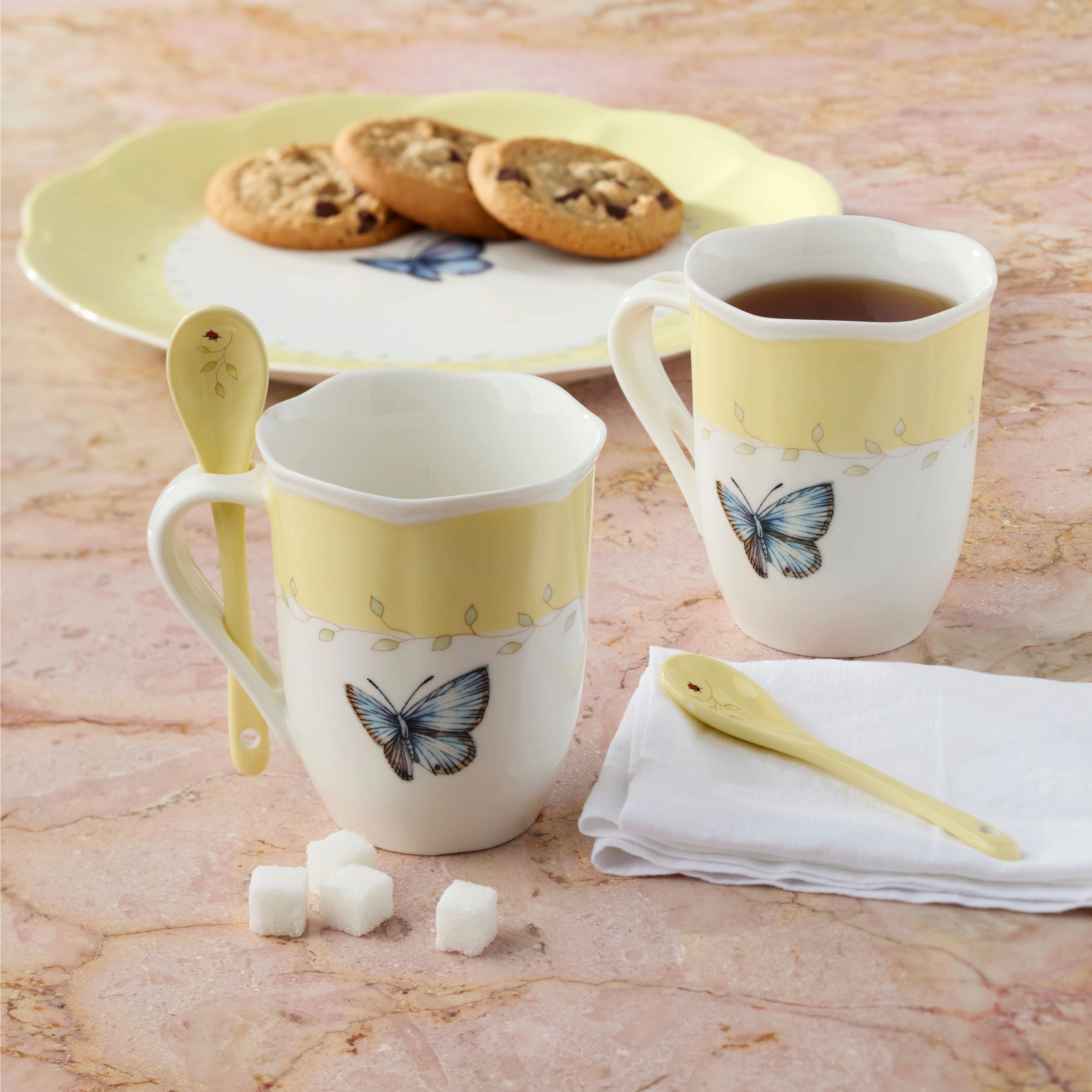 Butterfly Meadow Yellow Mugs With Spoons - Set of 2