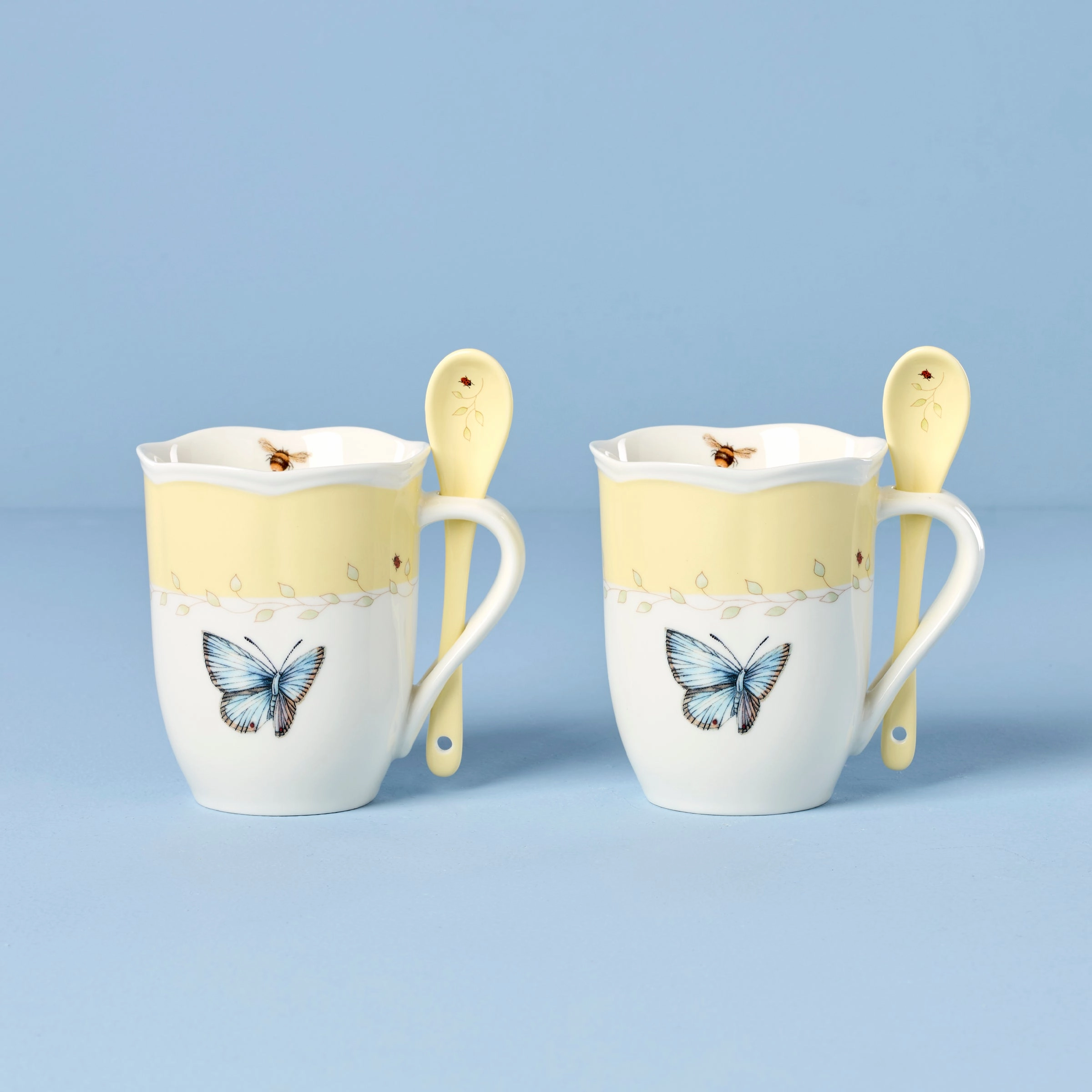 Butterfly Meadow Yellow Mugs With Spoons - Set of 2modern kitchen decor ,kitchen dinner set ,dinnerware 