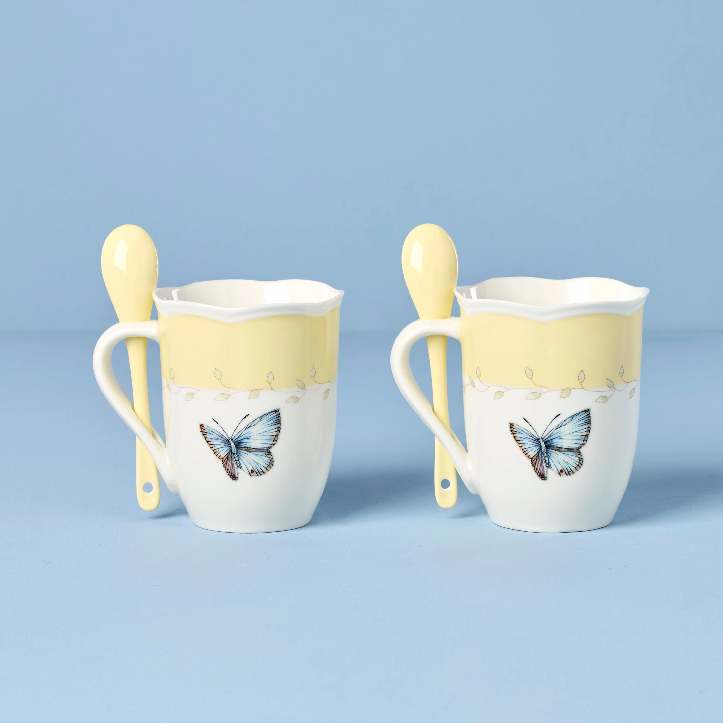 Butterfly Meadow Yellow Mugs With Spoons - Set of 2