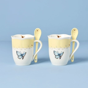 Butterfly Meadow Yellow Mugs With Spoons - Set of 2modern kitchen decor ,kitchen dinner set ,dinnerware 