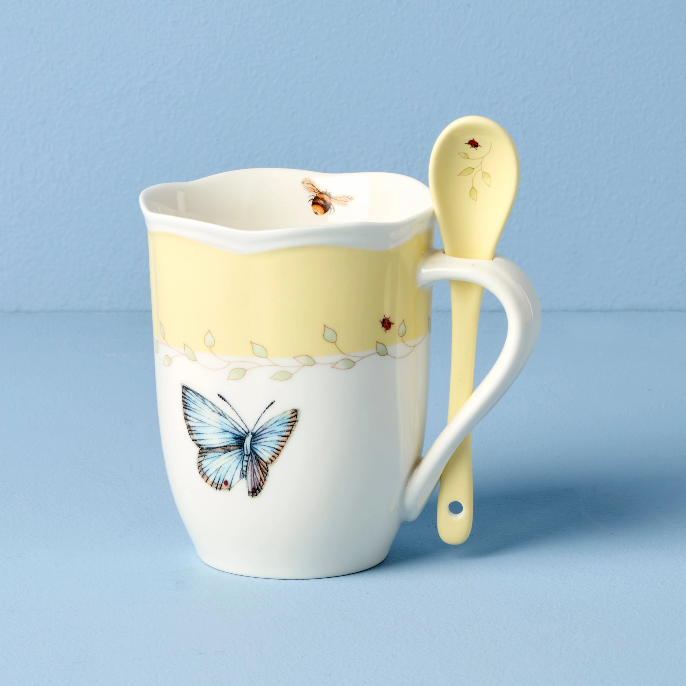 Butterfly Meadow Yellow Mugs With Spoons - Set of 2