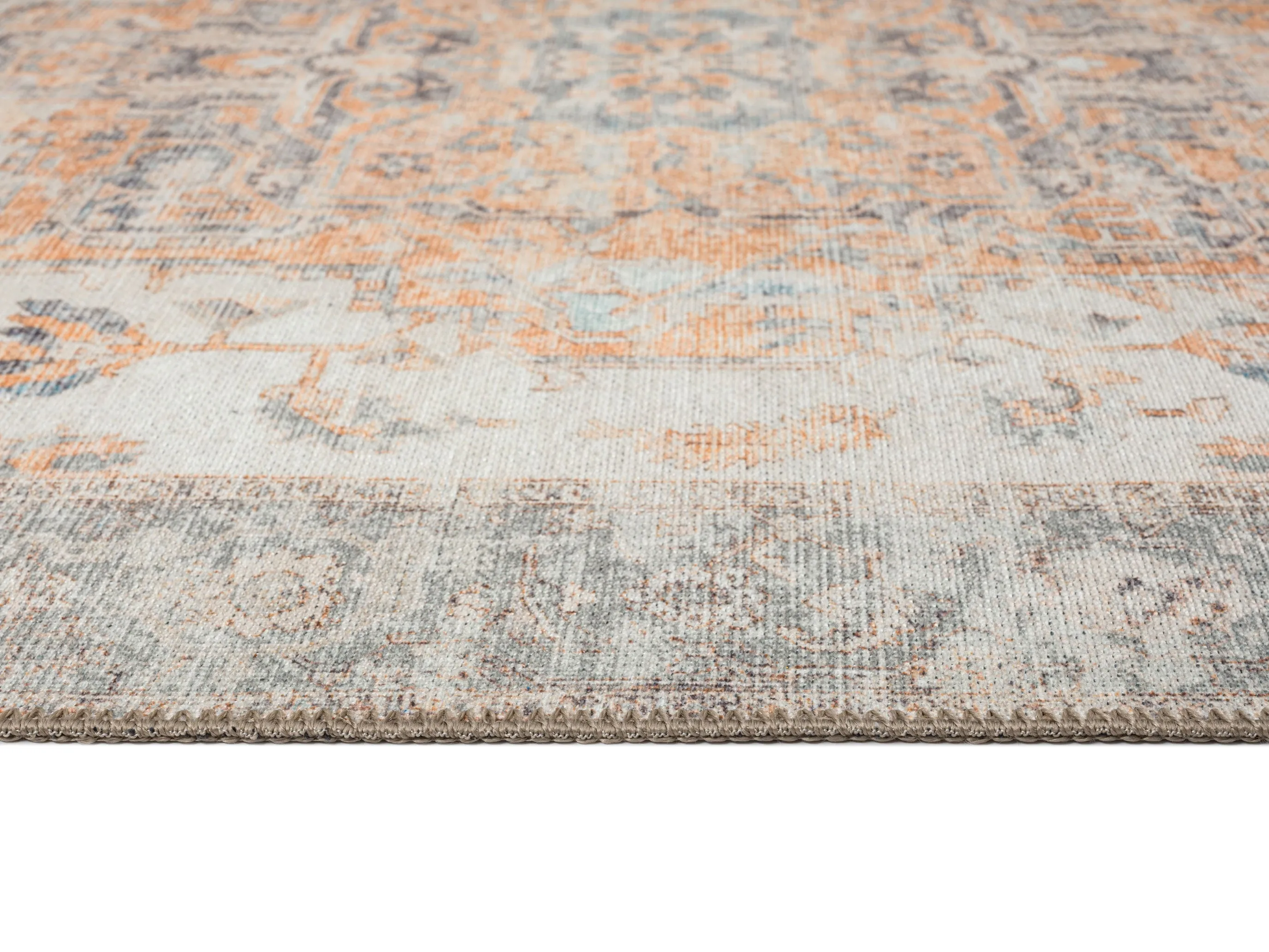 Ceren Orange and BlueTraditional Distressed Washable Runner Rug