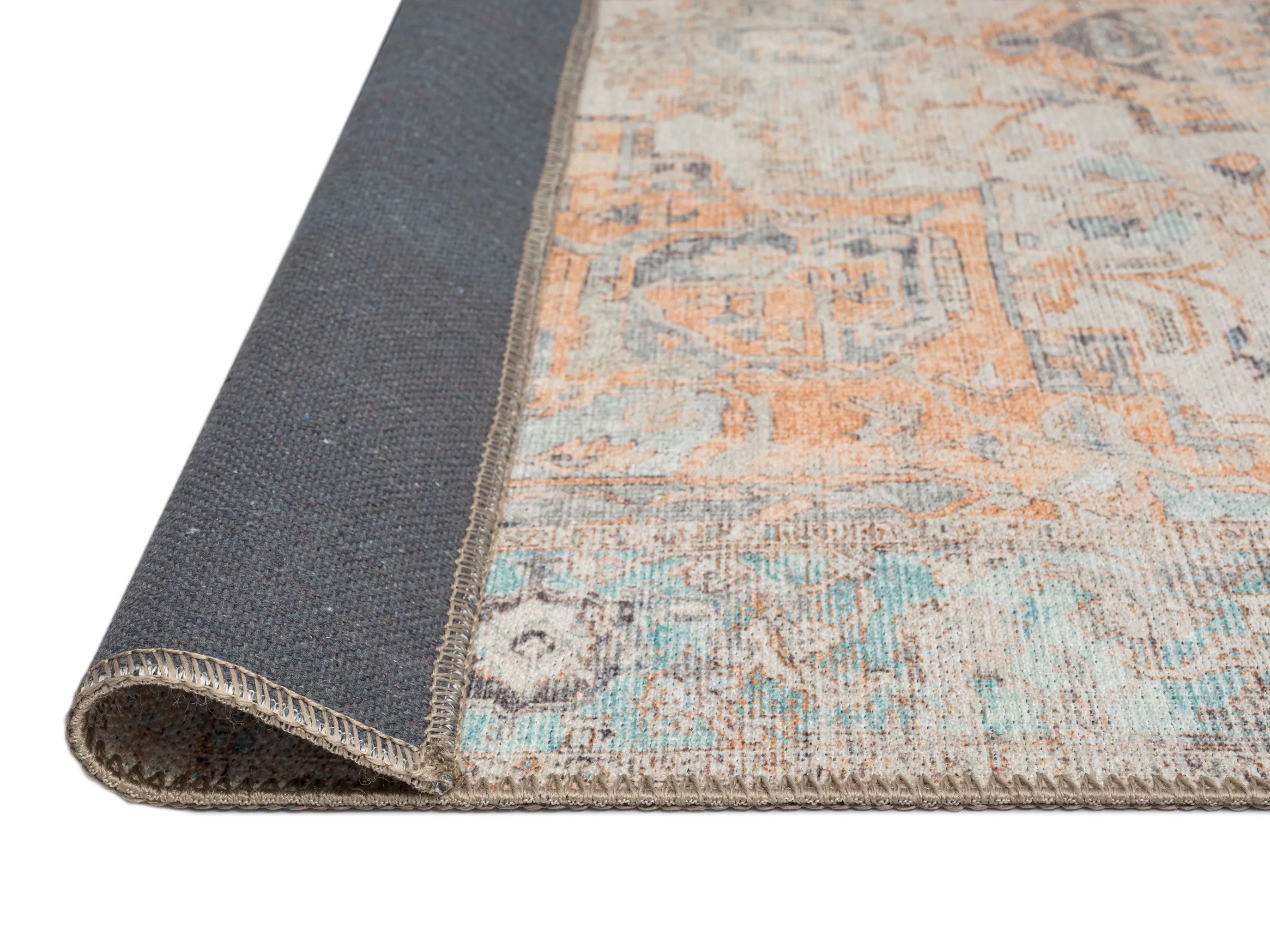 Ceren Orange and BlueTraditional Distressed Washable Runner Rug