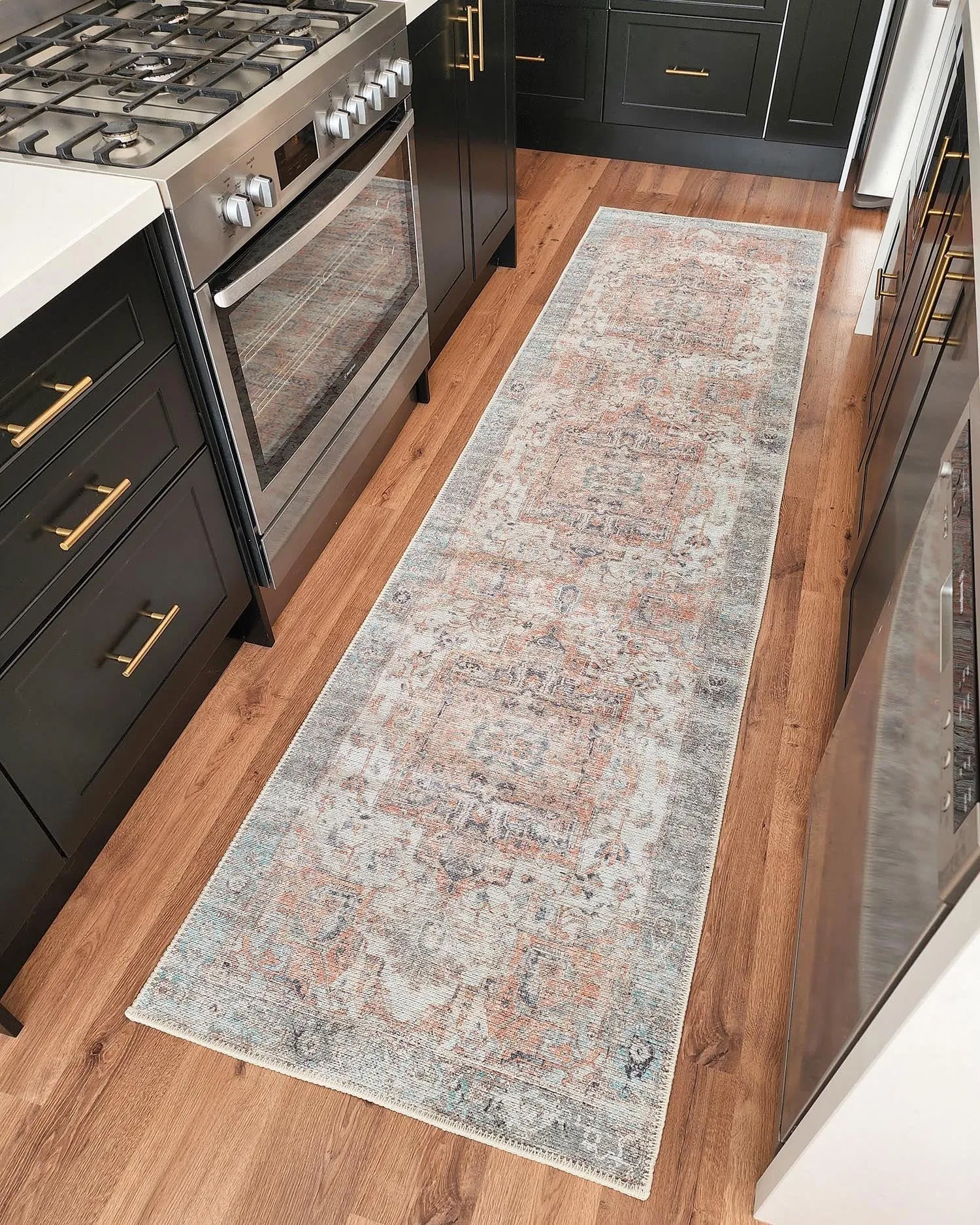 Ceren Orange and BlueTraditional Distressed Washable Runner Rug
