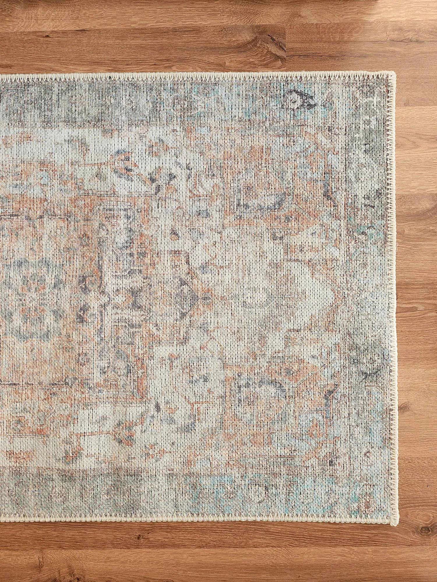 Ceren Orange and BlueTraditional Distressed Washable Runner Rug