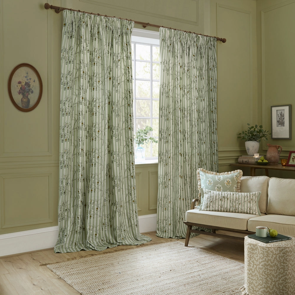 Chinese Lanterns Embroidered Pencil Pleat Curtains Sage