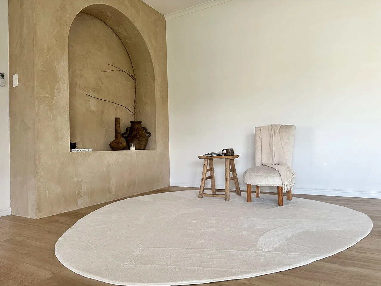 Clara Neutral Cream Irregular Round Washable Rug