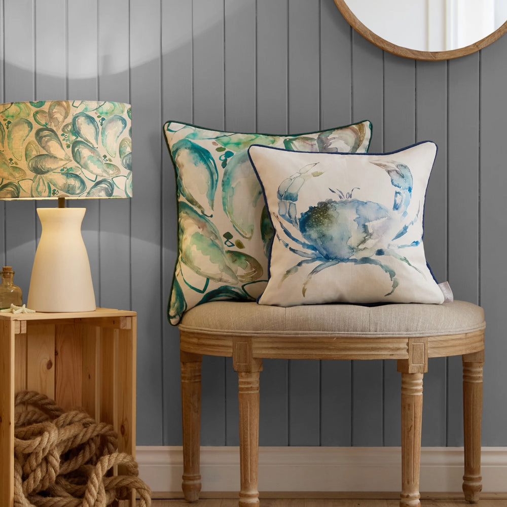 Crab Printed Piped Cushion Cobalt