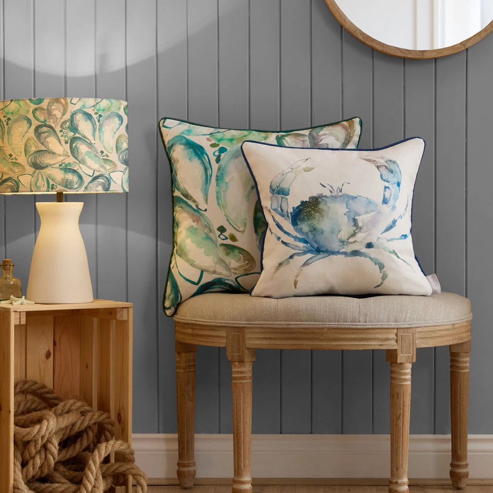 Crab Printed Piped Cushion Cobalt