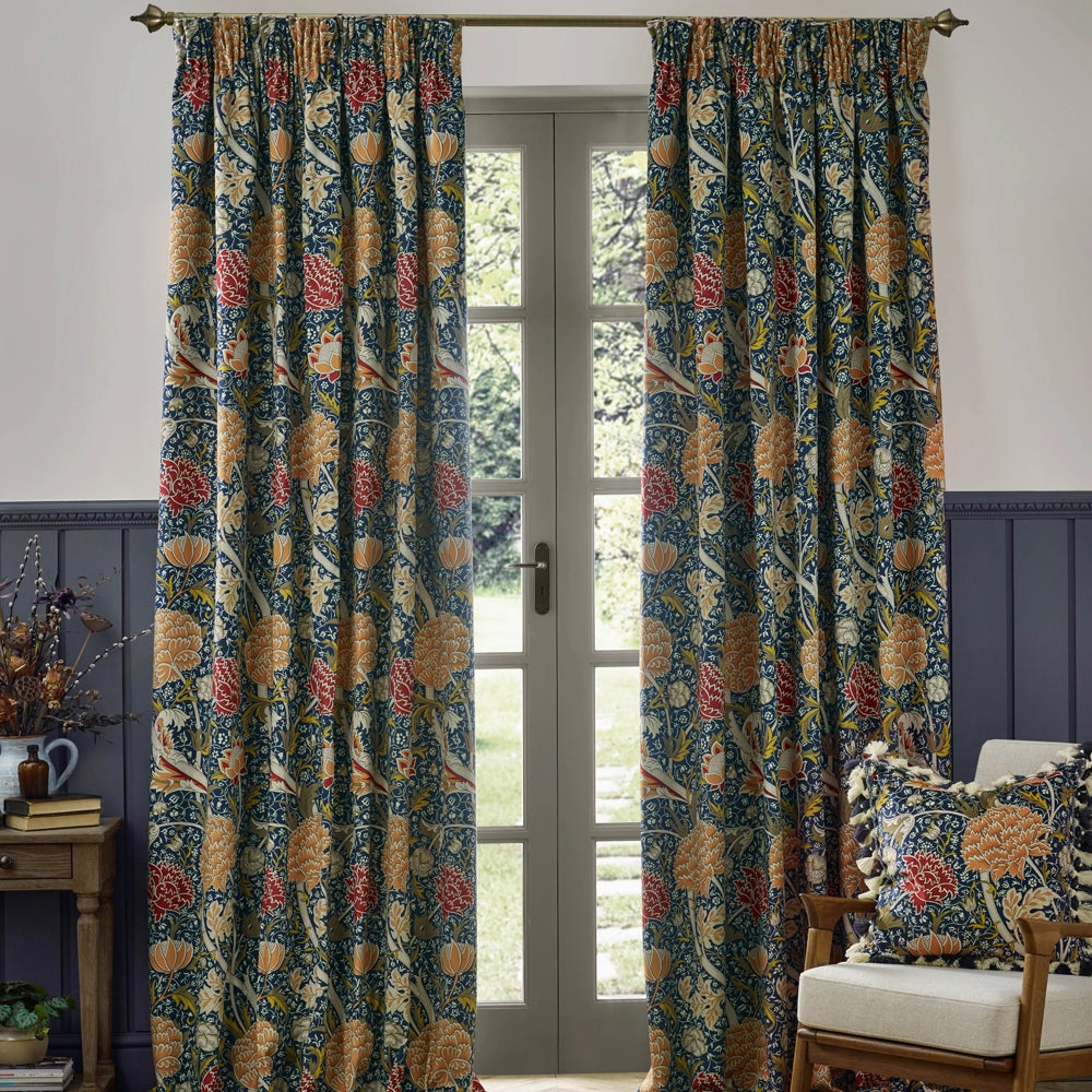Cray Floral Velvet Pencil Pleat Curtains Indigo/Berry