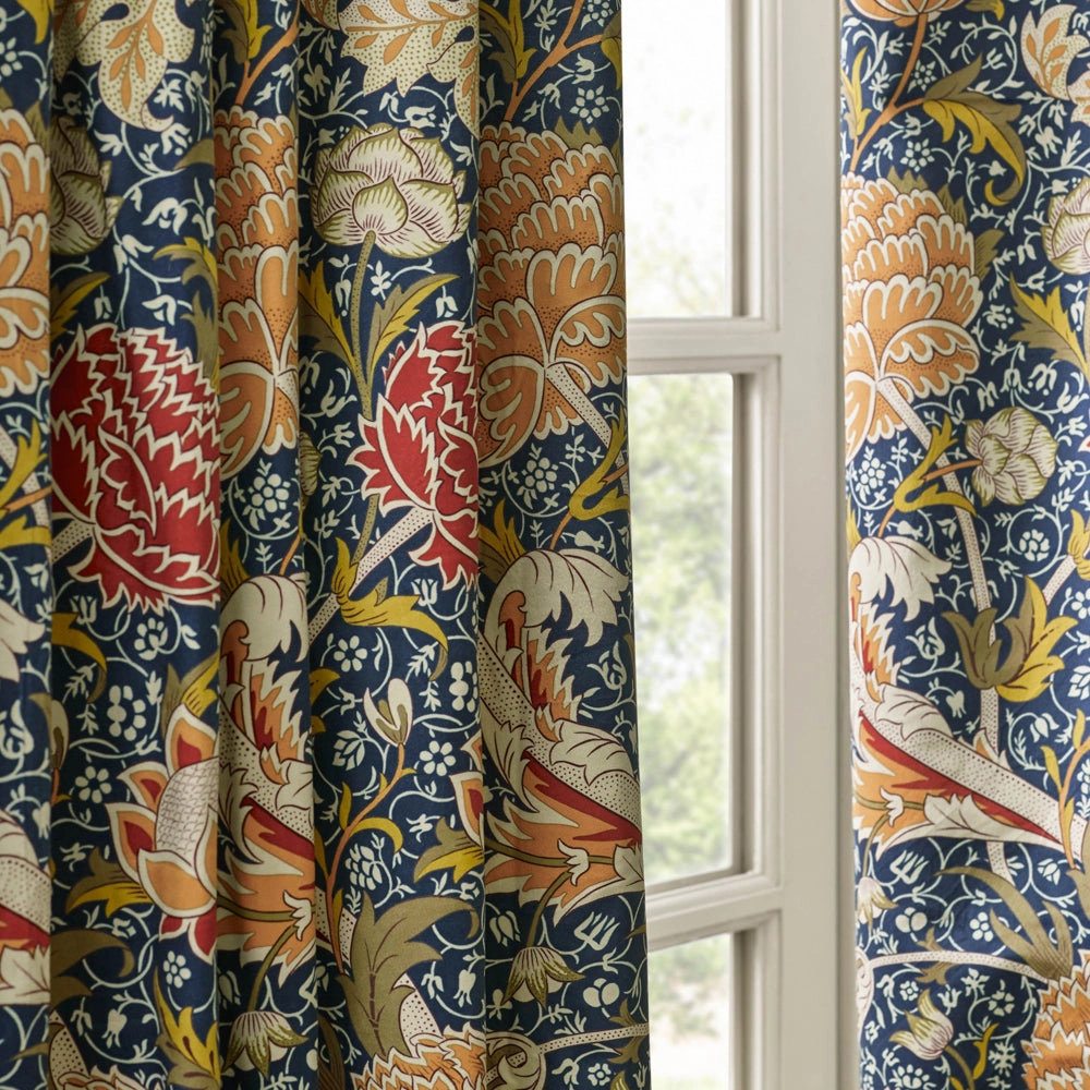 Cray Floral Velvet Pencil Pleat Curtains Indigo/Berry