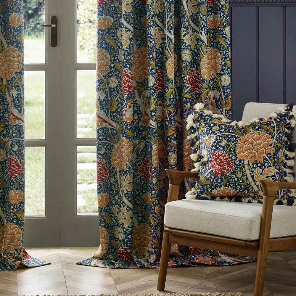Cray Floral Velvet Pencil Pleat Curtains Indigo/Berry