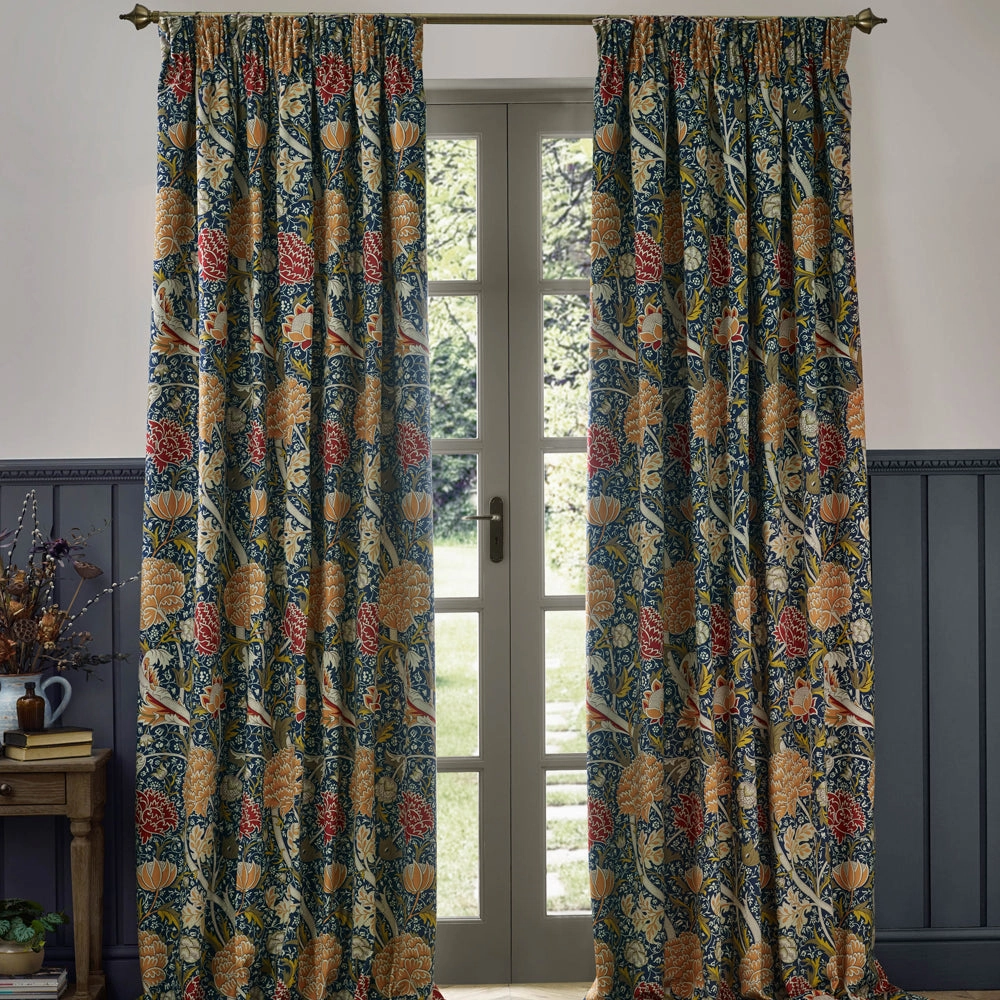 Cray Floral Velvet Pencil Pleat Curtains Indigo/Berry