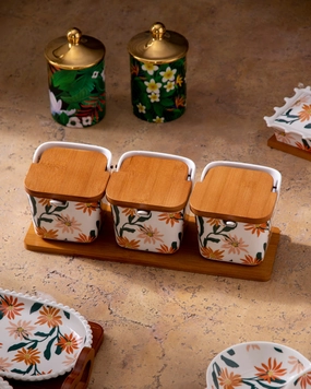 Daisy Delight Condiment Jar with Wooden Lids and Traymodern kitchen decor ,kitchen dinner set ,dinnerware 