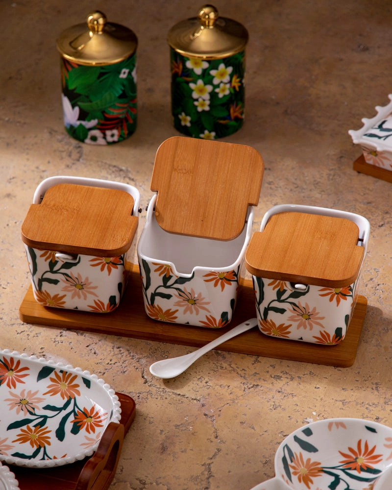 Daisy Delight Condiment Jar with Wooden Lids and Tray