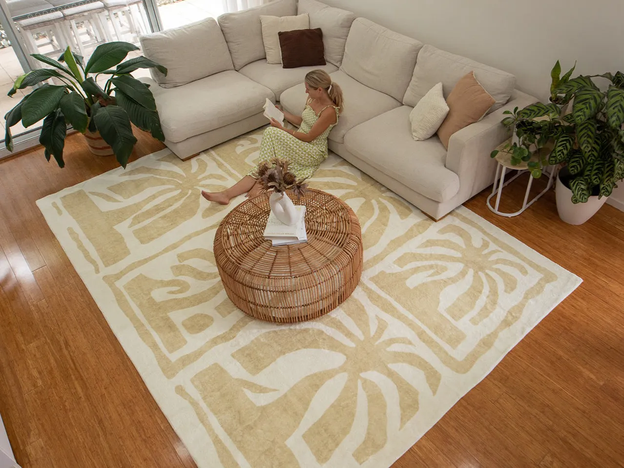 Edna Beige Cream Waves and Palms Washable Rug