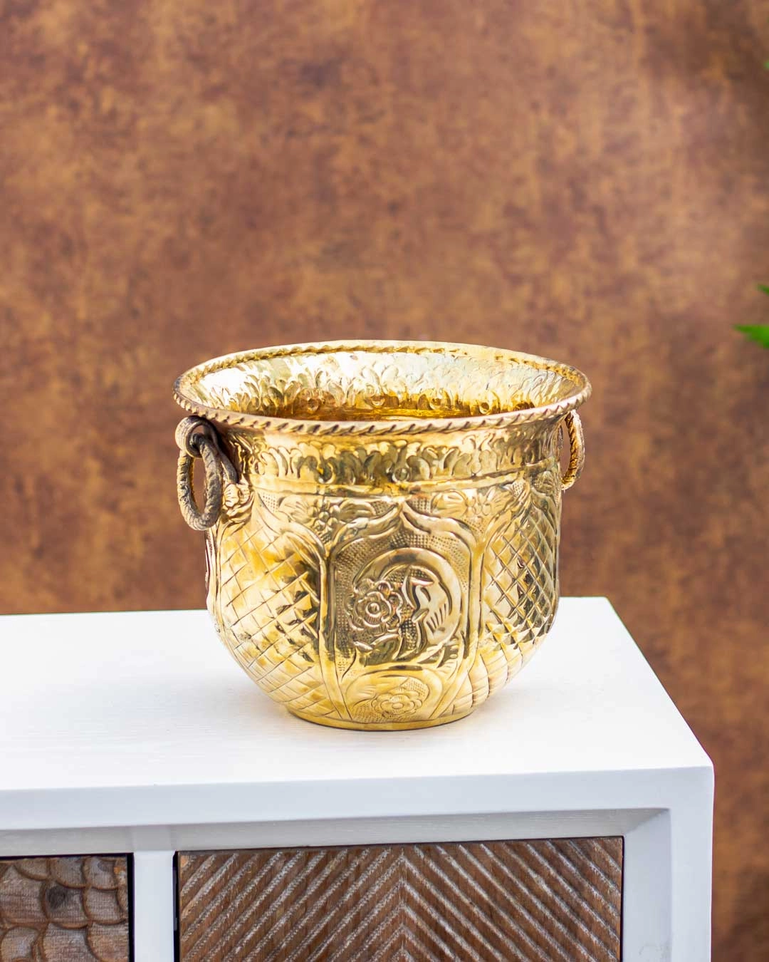 Embossed Lacquer Finish Golden Brass Planter - 14"home decor ,wall decor 