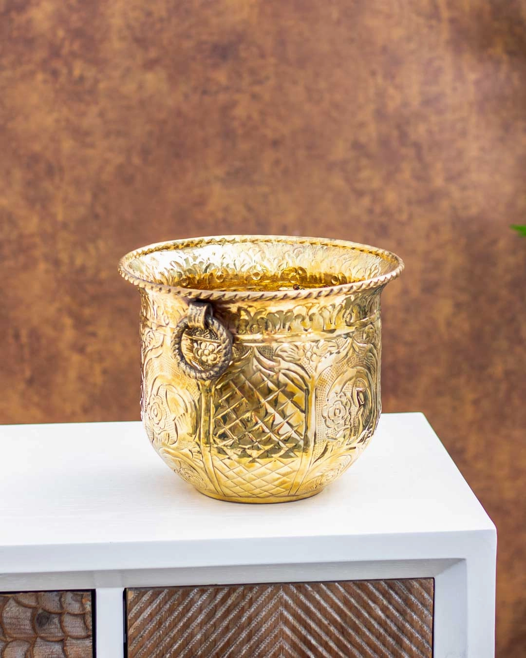 Embossed Lacquer Finish Golden Brass Planter - 14"