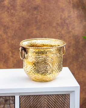 Embossed Lacquer Finish Golden Brass Planter - 14"home decor ,wall decor 