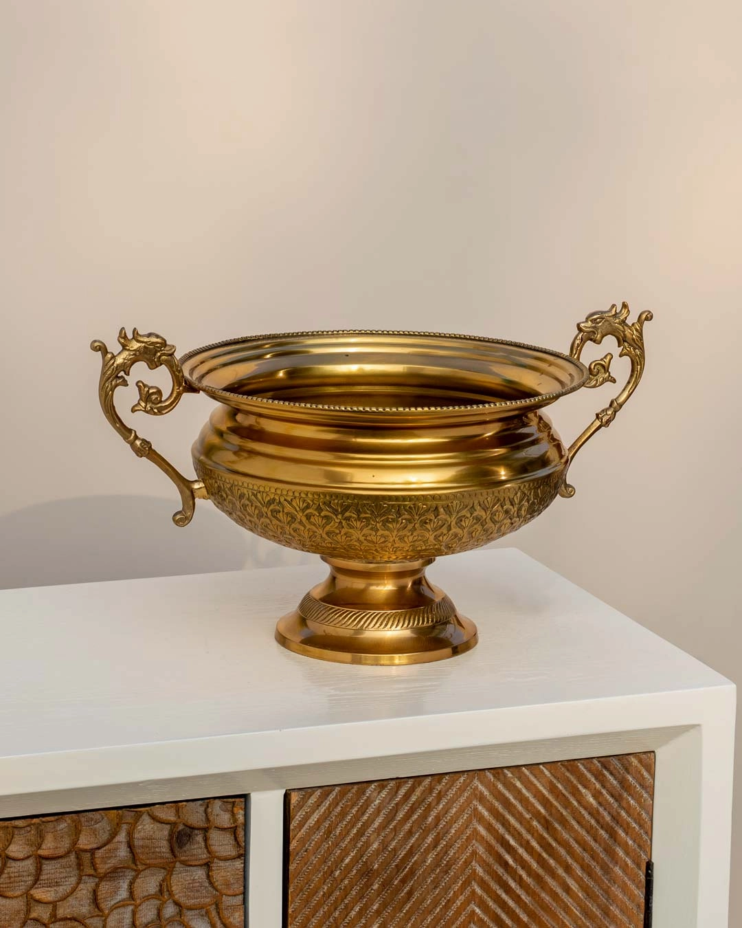 Embossed Round Brass Bowl with Handle - Large -12"